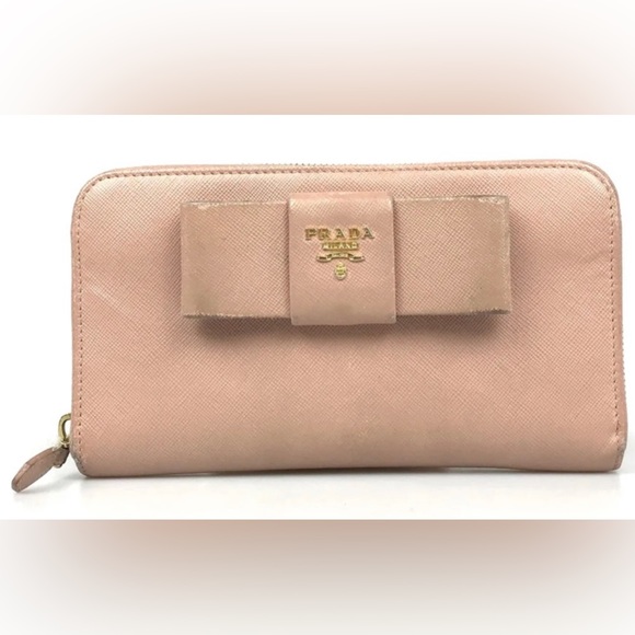 Prada Pink Saffiono Leather Long Wallet Front Bow Ribbon w Authentic Prada Card - Picture 1 of 13
